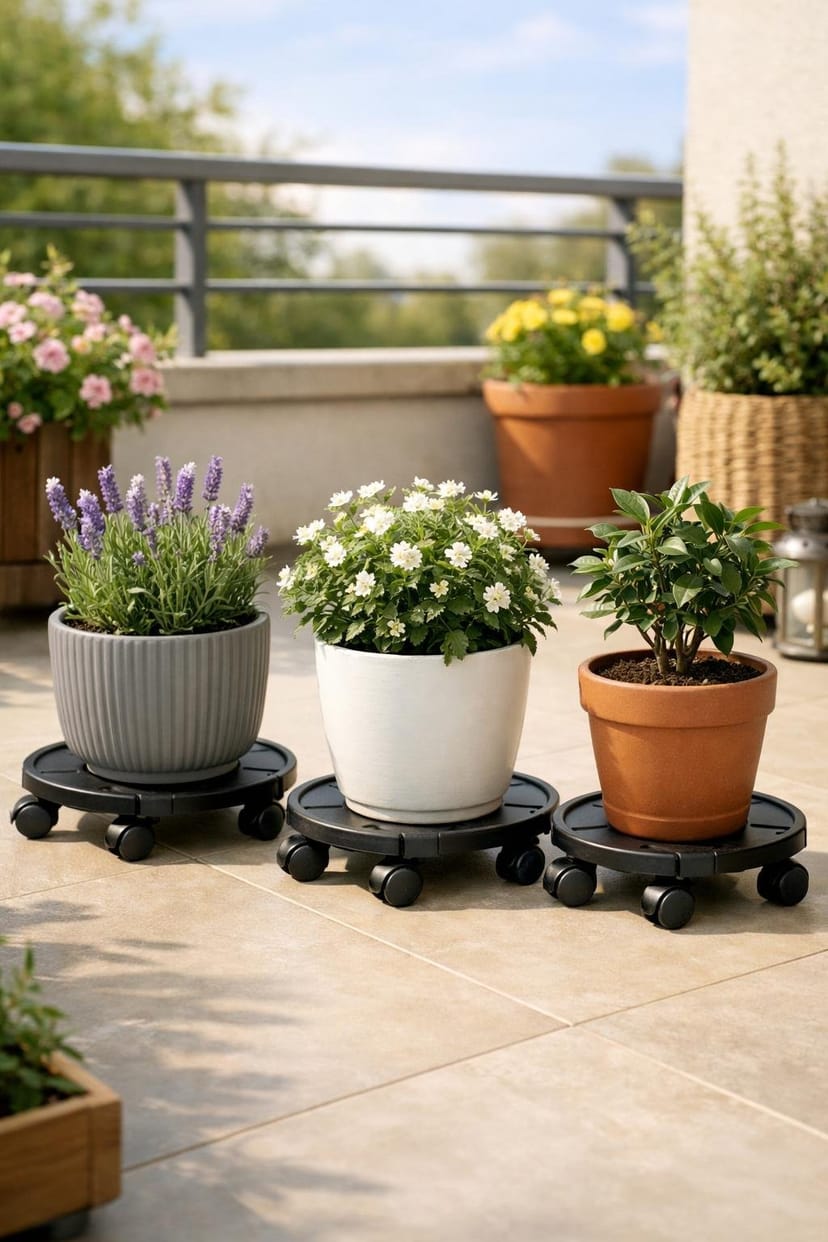 Mehrere Blumentöpfe auf Pflanzrollen auf einem Balkon mit Pflanzen und Geländer im Hintergrund.