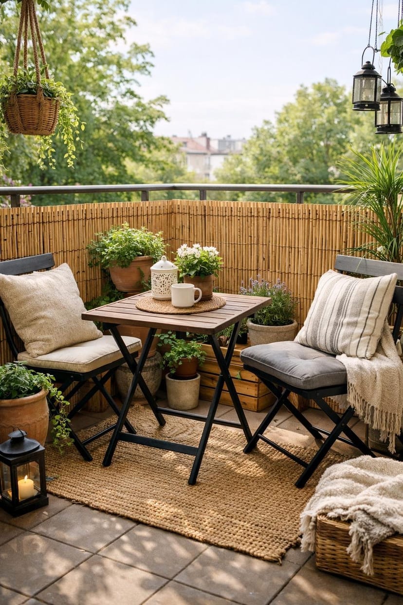 Kleiner Balkon mit Bambusmatten als Sichtschutz, Pflanzen und Sitzgelegenheit.