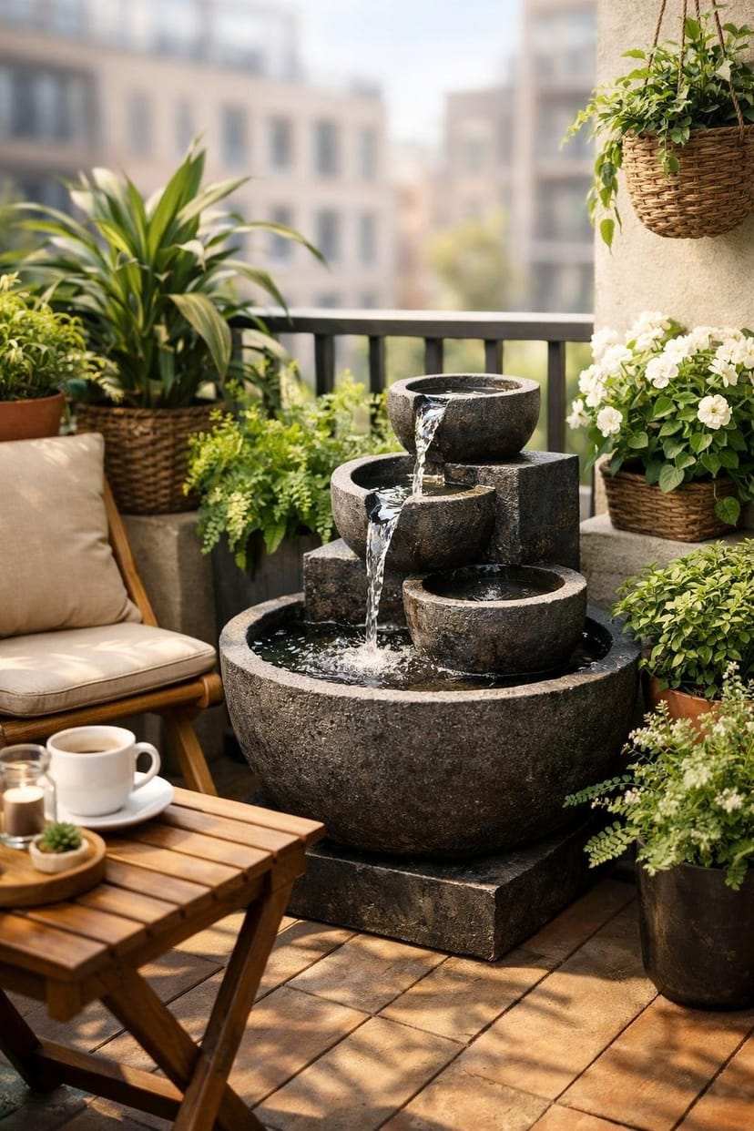 Kleiner Balkon mit einer kleinen Wasserfontäne, Pflanzen und gemütlichen Sitzmöbeln.