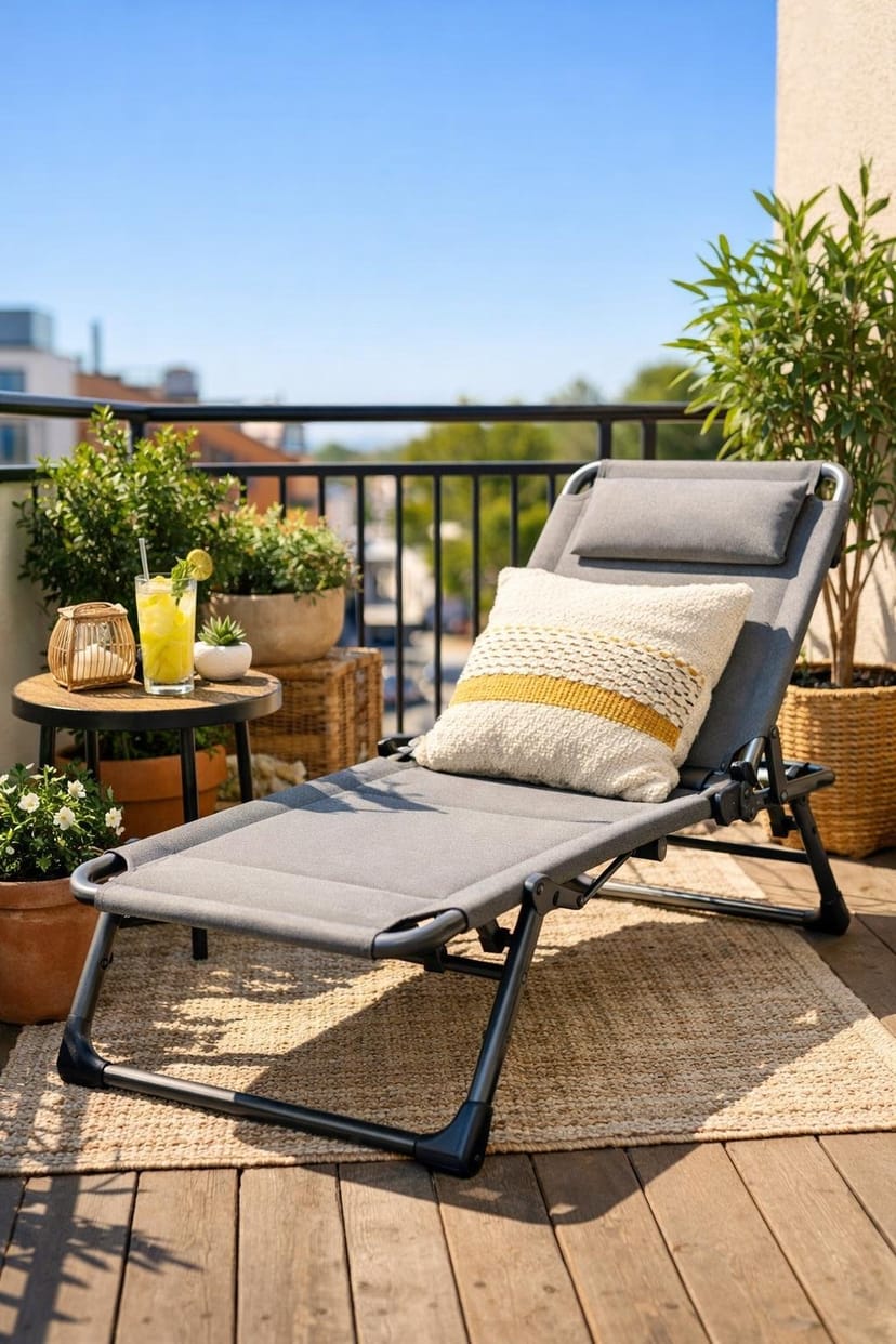 Klappbare Sonnenliege auf einem kleinen Balkon an einem sonnigen Tag mit Pflanzen und einem kleinen Tisch.