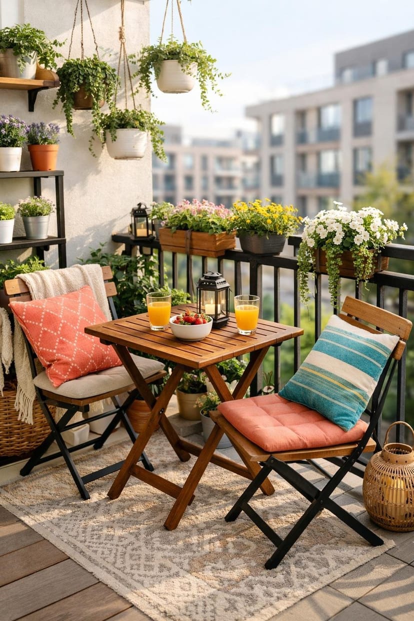 Ein kleiner Balkon mit einem Tisch, zwei Stühlen, vielen Pflanzen und gemütlichen Textilien in einem städtischen Umfeld.