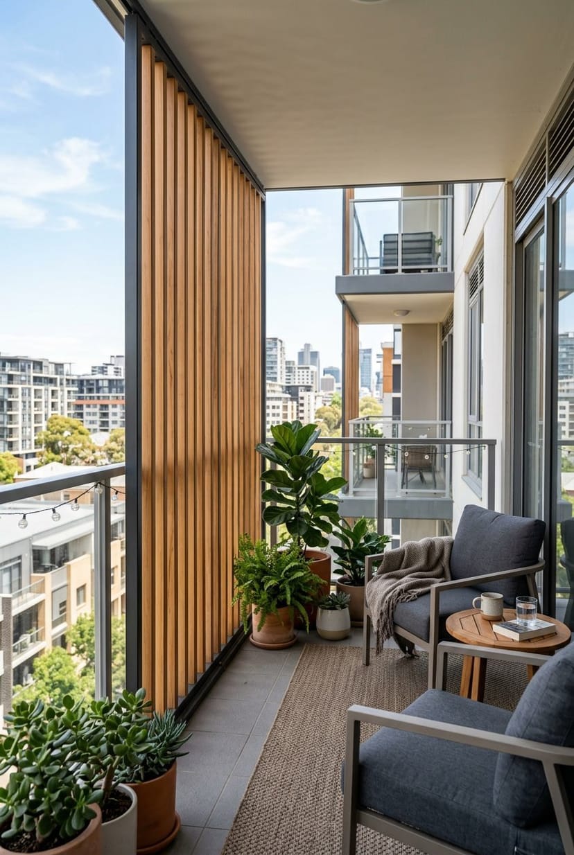 Balkon mit Holzlamellen als Windschutz, Pflanzen und gemütlichen Sitzmöbeln bei Tageslicht.