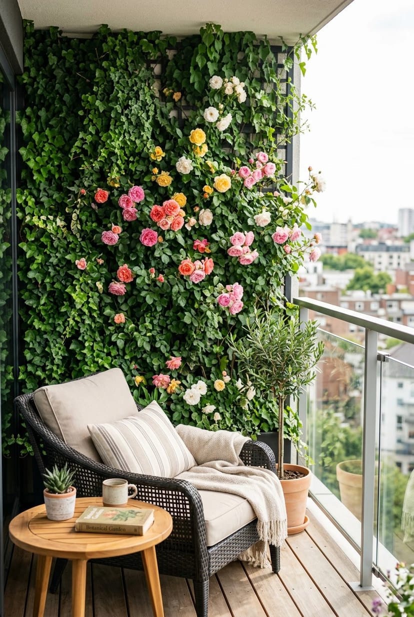 Balkon mit einer Pflanzenwand aus Efeu und blühenden Kletterrosen, die als Sichtschutz dient.