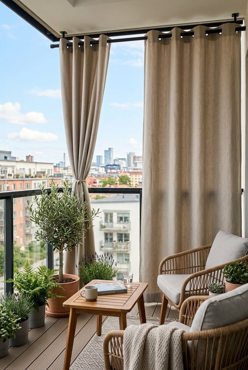 Balkon mit wetterfesten Sichtschutzvorhängen und Sitzbereich, umgeben von Pflanzen.
