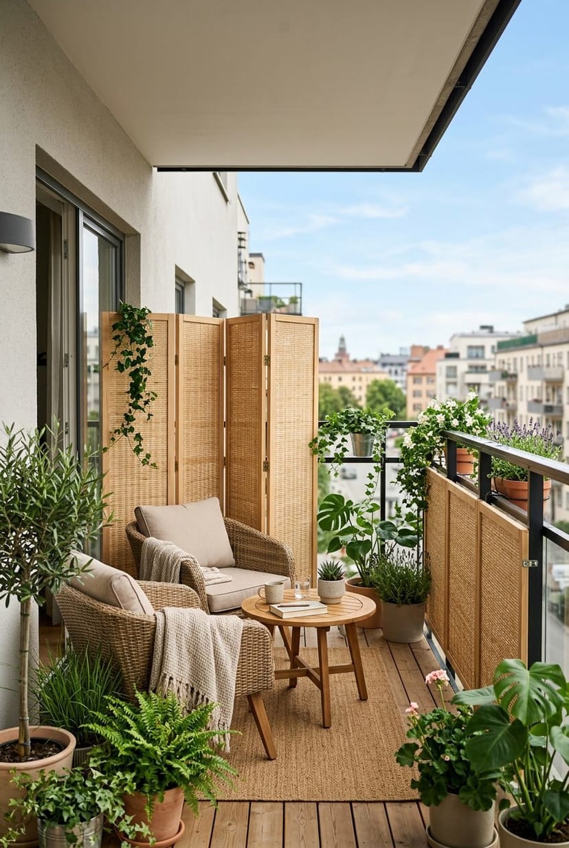 Balkon mit faltbaren Paravents, Pflanzen und gemütlichen Sitzmöbeln für flexible Privatsphäre.