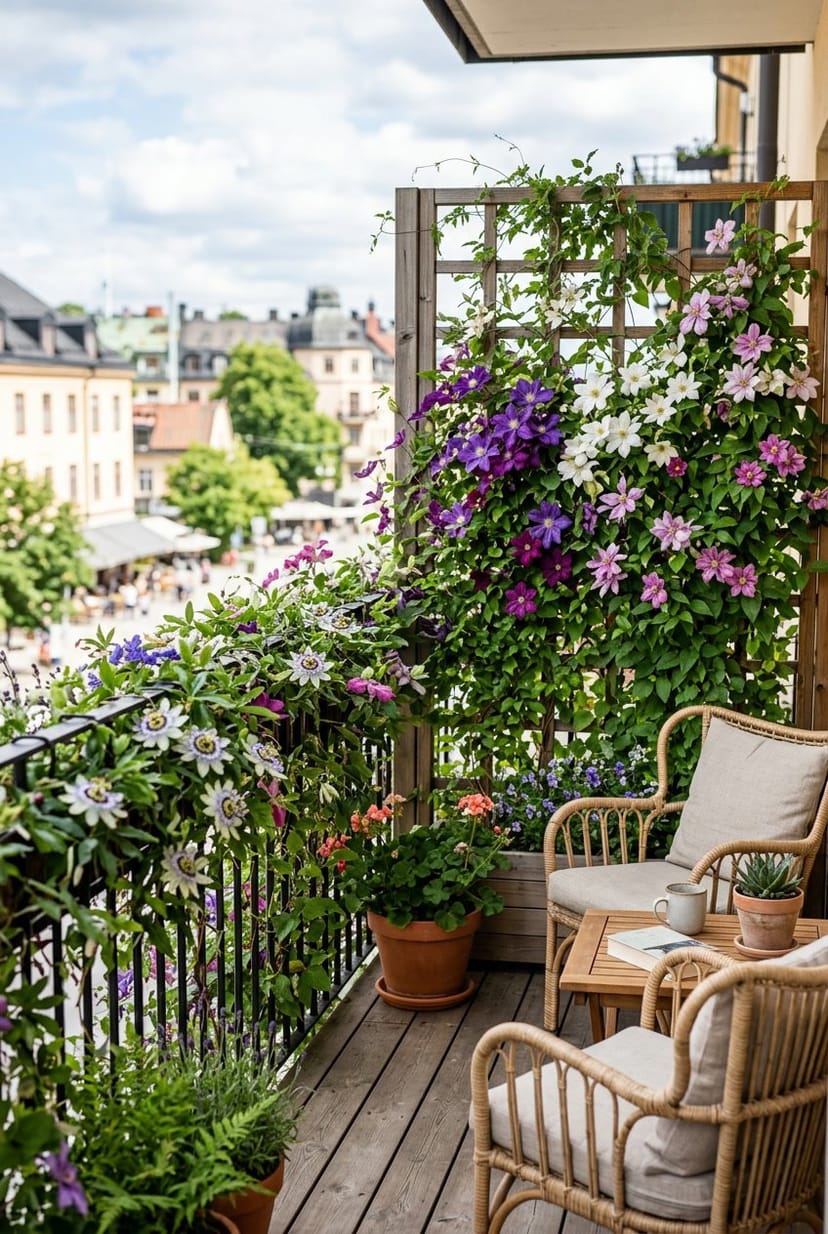 Balkon mit Kletterhilfen, die mit Clematis und Passionsblumen bewachsen sind, als Sichtschutz.