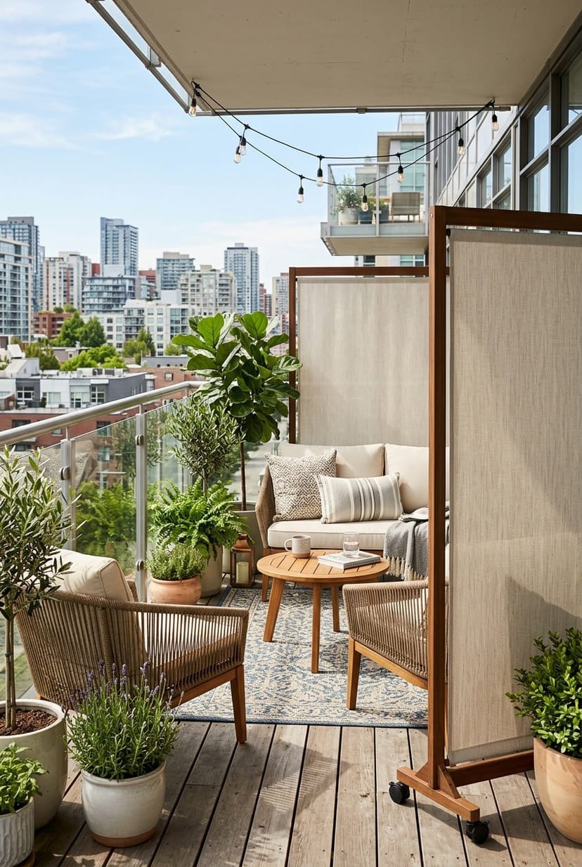 Balkon mit mobilen Sichtschutzwänden auf Rollen, Pflanzen und Gartenmöbeln.
