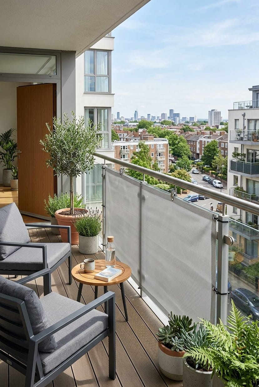 Balkon mit winddichter Balkonfolie als Sicht- und Windschutz, ausgestattet mit Möbeln und Pflanzen.