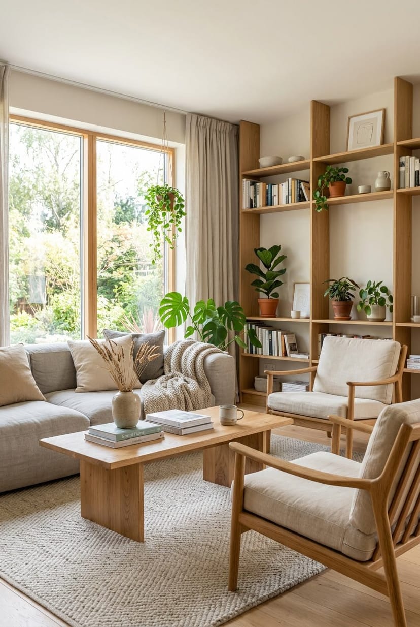 Ein helles Wohnzimmer mit natürlichen Holzmöbeln, grünen Pflanzen und viel Tageslicht.