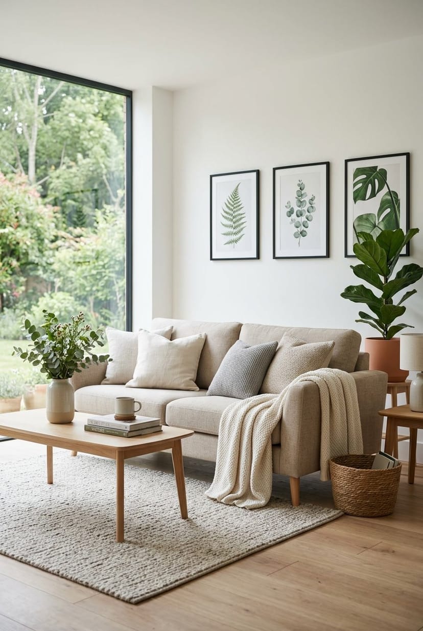 Ein Wohnzimmer mit einem beigen oder hellgrauen Sofa, einem kleinen Couchtisch, Pflanzen und natürlichem Licht.