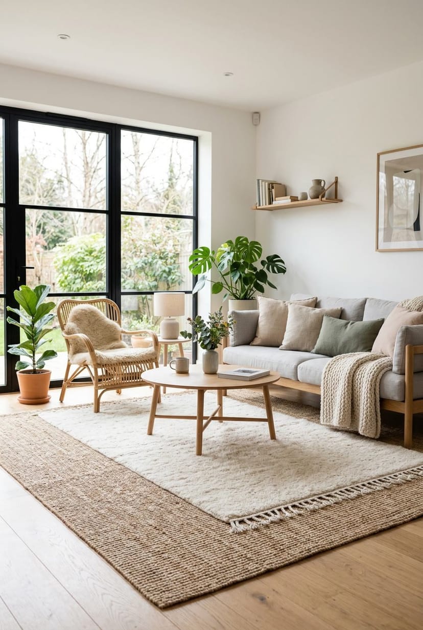 Gemütliches Wohnzimmer mit Woll- und Sisal-Teppichen auf dem Boden, Holzmöbeln und grünen Pflanzen.