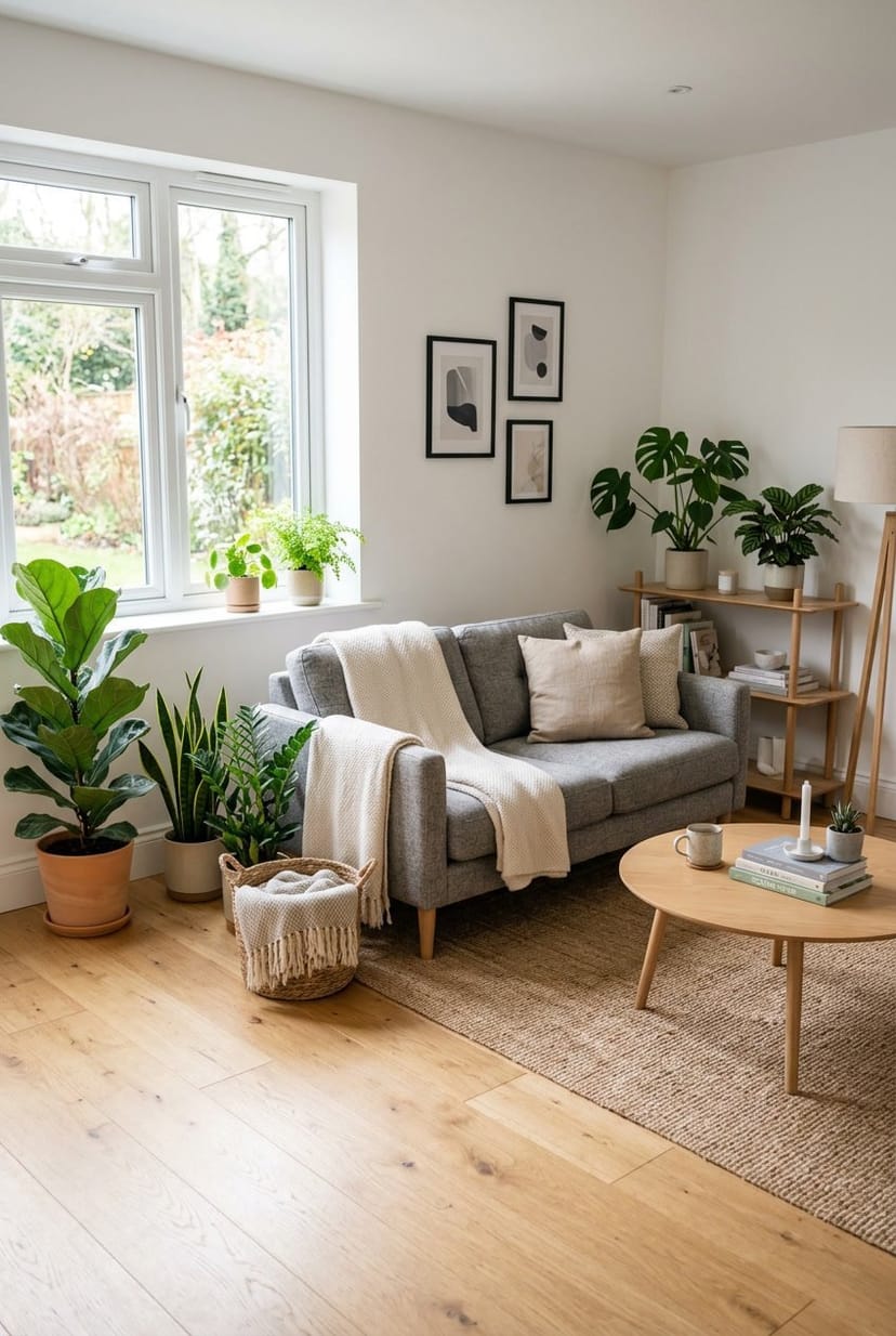 Gemütliches Wohnzimmer mit einfachen Töpfen und grünen Pflanzen, hellem Licht und schlichten Möbeln.