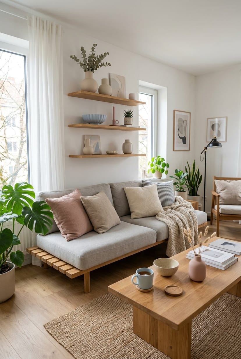 Gemütliches Wohnzimmer mit Keramikdekorationen in sanften Farben auf Regalen und einem Couchtisch.