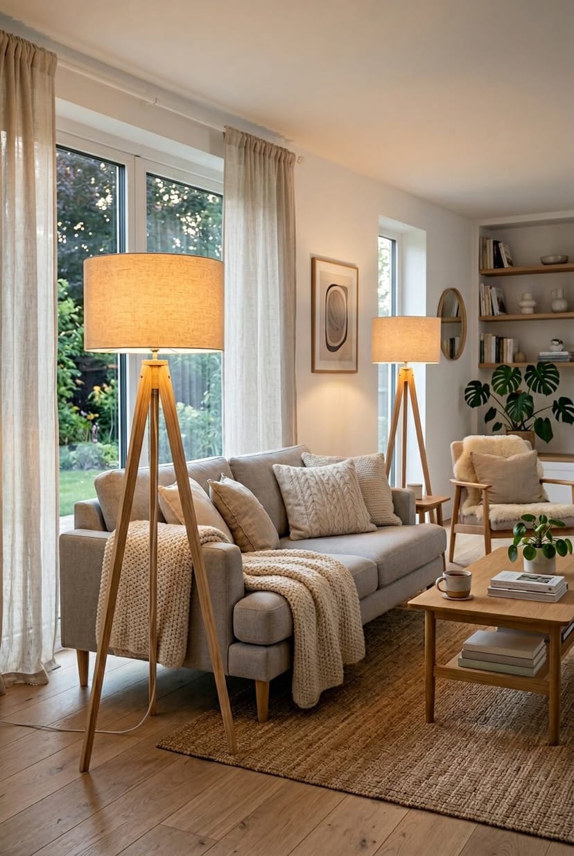 Gemütliches Wohnzimmer mit Holz-Stehlampen und Stofflampenschirmen, warmes Licht, Sofa und Pflanzen im Hintergrund.