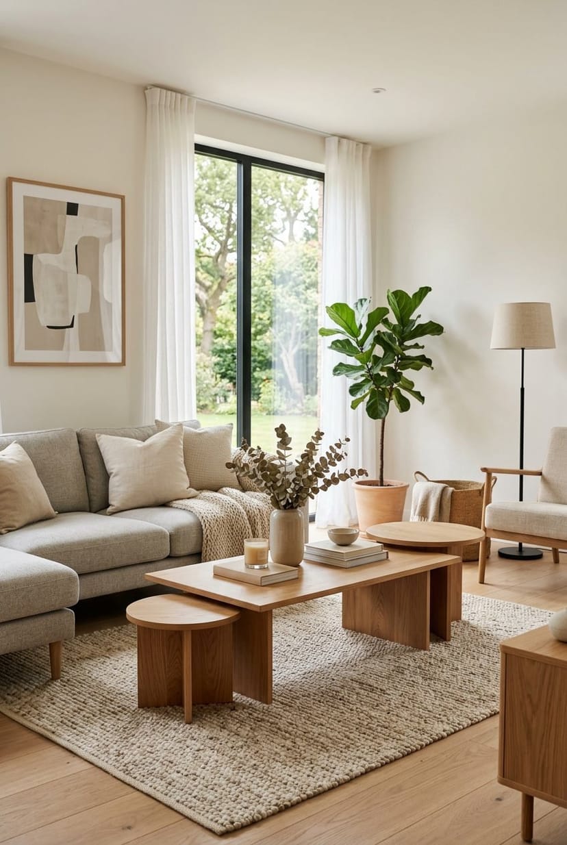 Gemütliches Wohnzimmer mit einem hellen Holzcouchtisch und bequemen Sitzmöbeln, natürlichem Licht und Pflanzen.