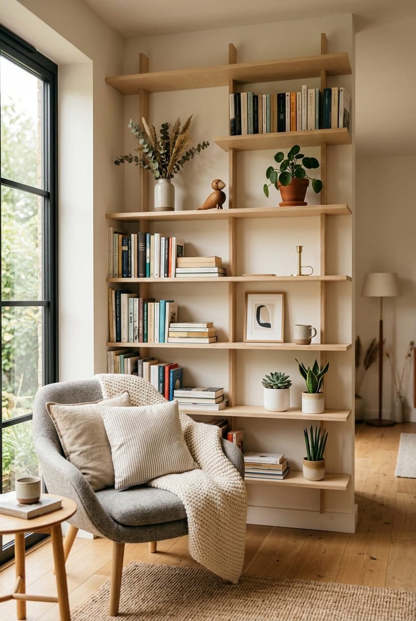 Ein Wohnzimmer mit Regalen aus Birkenholz, gefüllt mit Büchern und kleinen Dekorationsgegenständen, in einer gemütlichen Umgebung.
