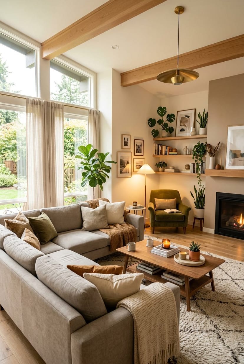 Ein modernes Wohnzimmer mit einem großen Sofa, Kissen, Decken, Pflanzen und warmem Licht.