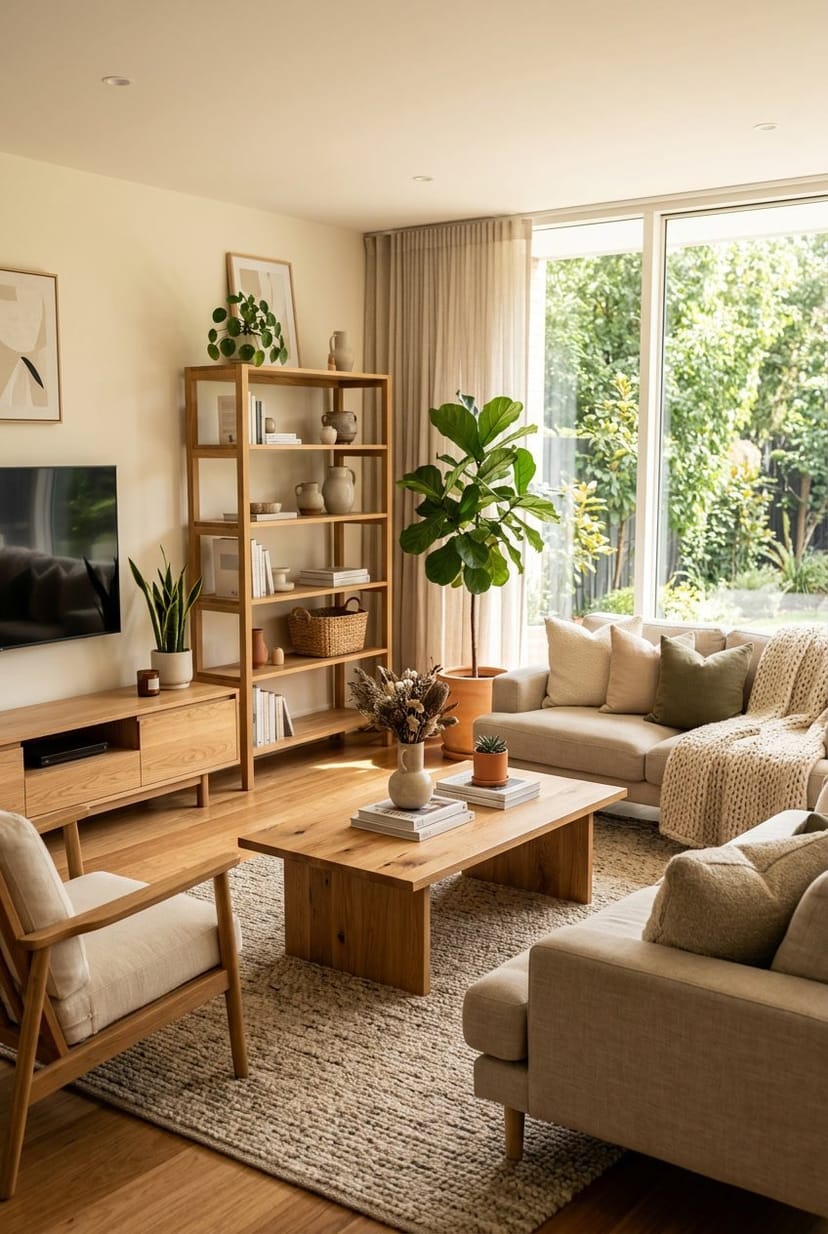 Ein Wohnzimmer mit natürlichem Holzmobiliar, gemütlichen Sitzgelegenheiten und Pflanzen, das eine warme Atmosphäre ausstrahlt.