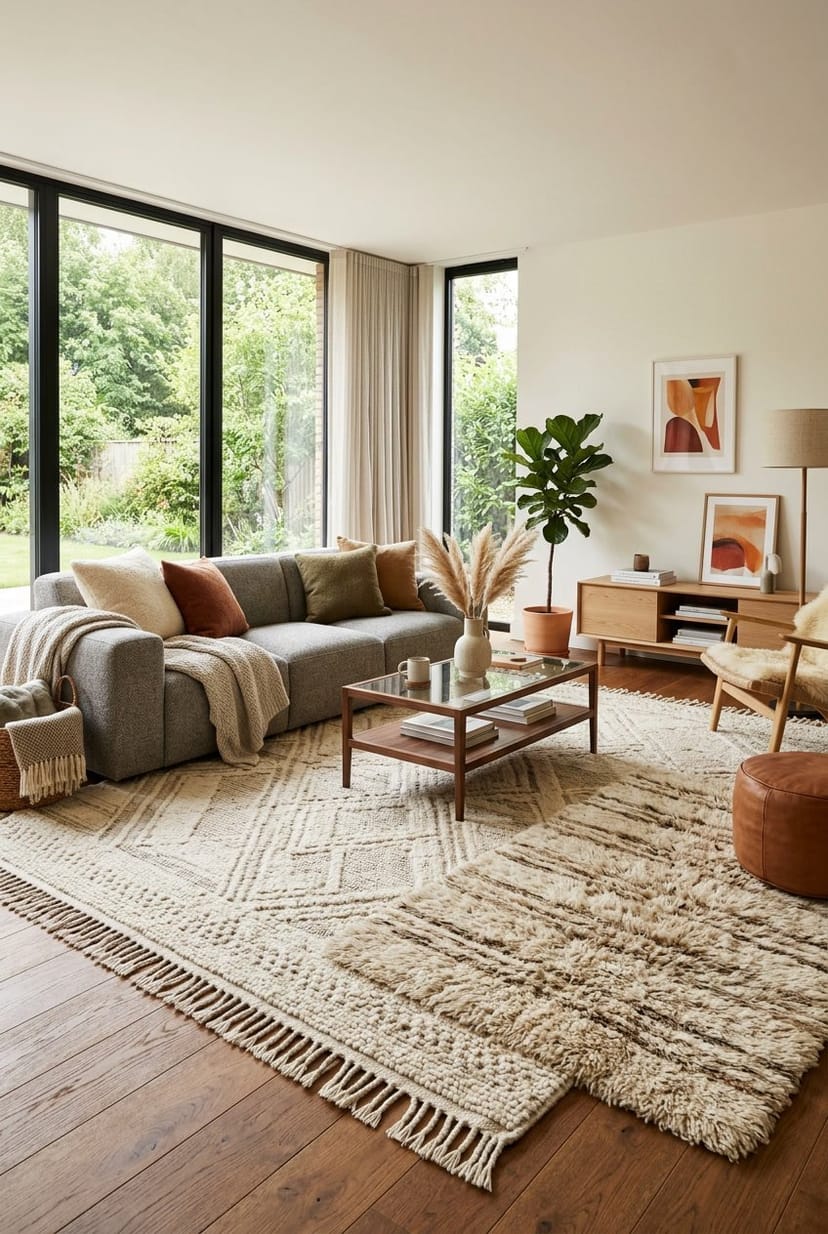 Modernes Wohnzimmer mit gemütlichen, strukturierten Wollteppichen auf dem Boden, umgeben von zeitgenössischen Möbeln und Pflanzen.