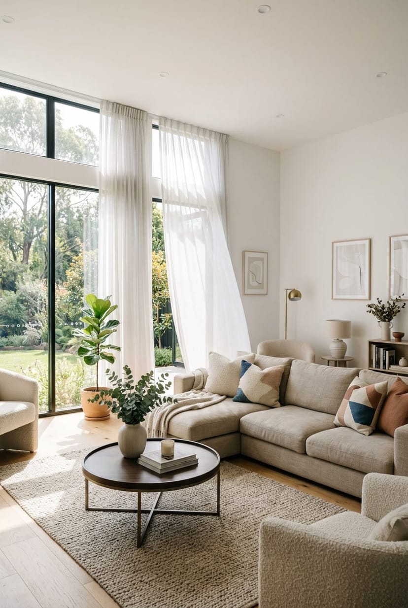 Ein modernes Wohnzimmer mit großen Fenstern und leichten Vorhängen, gemütlicher Einrichtung und natürlichem Tageslicht.