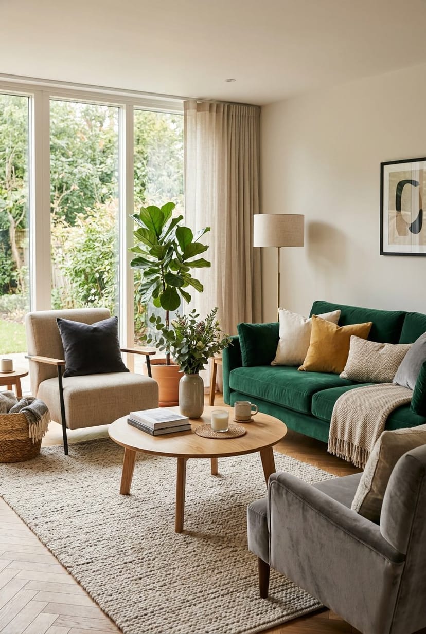 Modernes Wohnzimmer mit gemütlichen Sesseln und Sofas aus Samt- und Leinenstoffen, natürlichem Licht und Pflanzen.