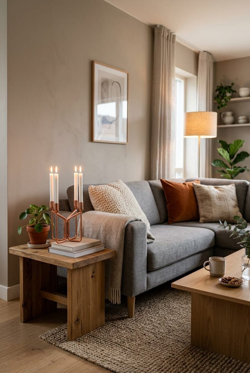 Ein Wohnzimmer mit einem Kupfer-Kerzenhalter, der warme Kerzenlicht ausstrahlt, umgeben von gemütlichen Möbeln und Pflanzen.