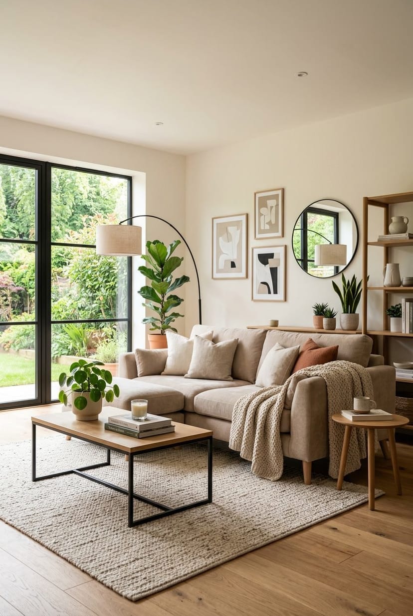 Ein helles Wohnzimmer mit Sofa, Kaffeetisch, Teppich und Zimmerpflanzen, das Gemütlichkeit ausstrahlt.