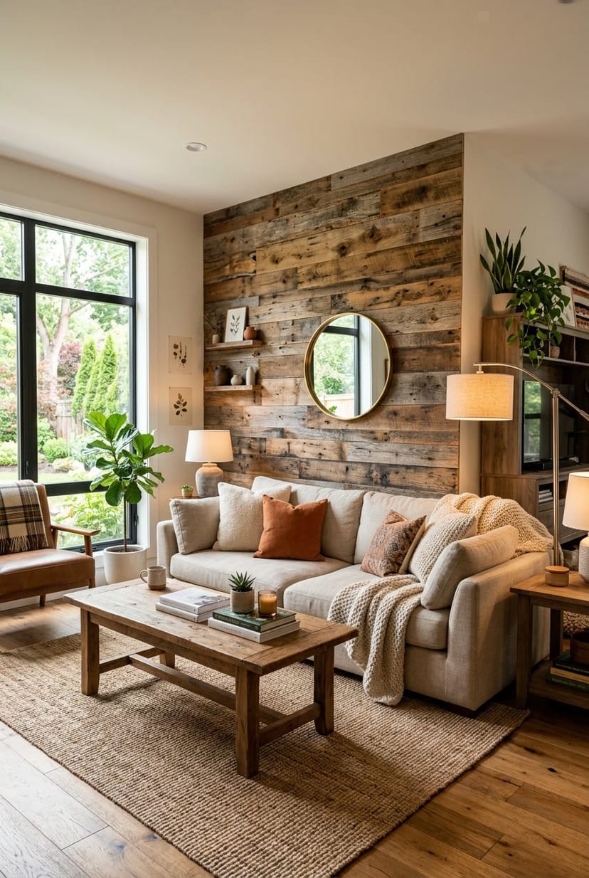 Gemütliches Wohnzimmer mit einer Wand aus rustikalem Altholz und bequemen Sitzmöbeln.