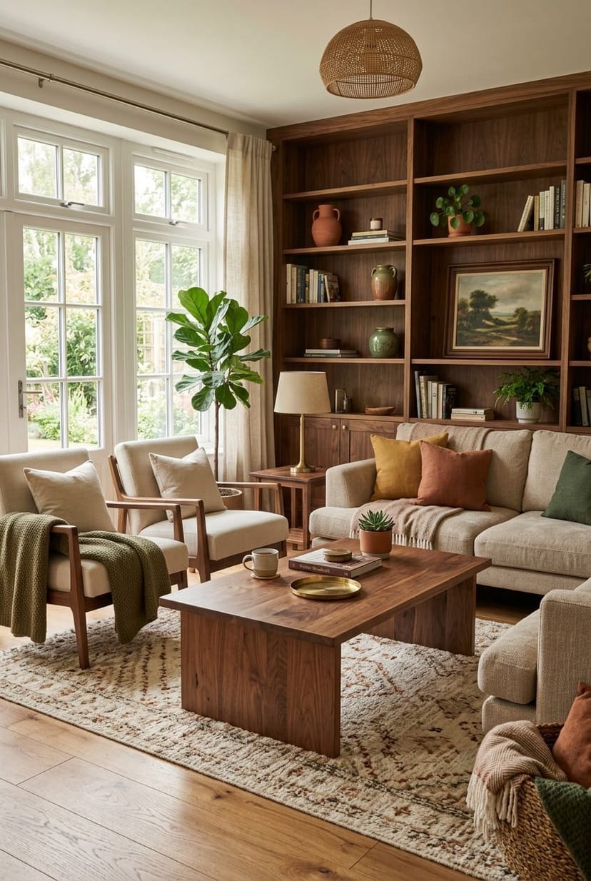 Gemütliches Wohnzimmer mit Nussbaum-Holzmöbeln, Pflanzen und weichen Textilien.