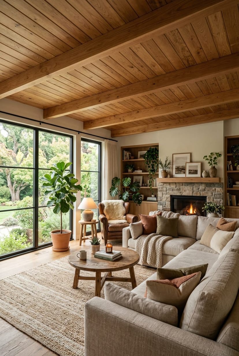 Gemütliches Wohnzimmer mit einer warmen Holzdecke, bequemen Sitzmöbeln und Pflanzen.