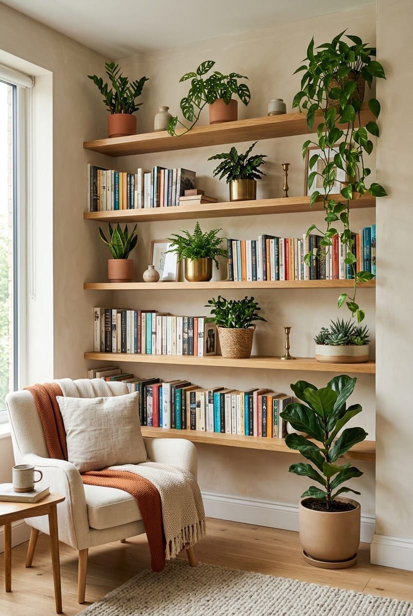 Wohnzimmer mit Holzregalen, die Pflanzen und Bücher enthalten.