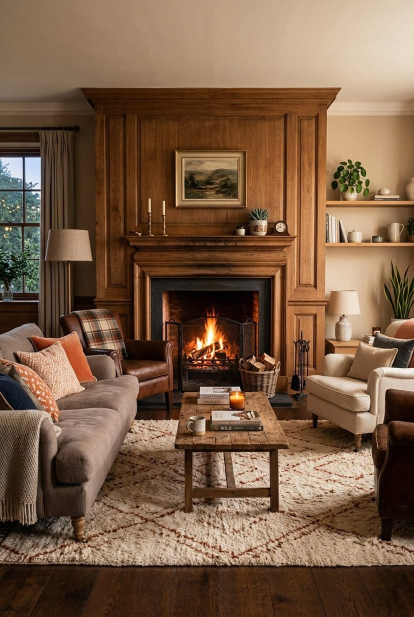 Gemütliches Wohnzimmer mit offenem Kamin und Holzverkleidung als Mittelpunkt.
