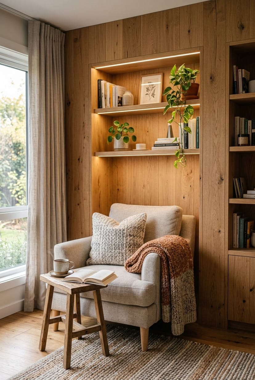Gemütliche Wohnzimmernische mit holzvertäfelten Wänden, bequemen Sitzgelegenheiten und Dekoration.