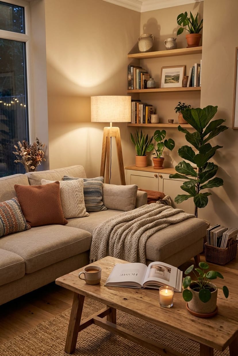 Gemütliches Wohnzimmer mit einer Holzlampe, die warmes Licht ausstrahlt, umgeben von Holzmöbeln und Pflanzen.