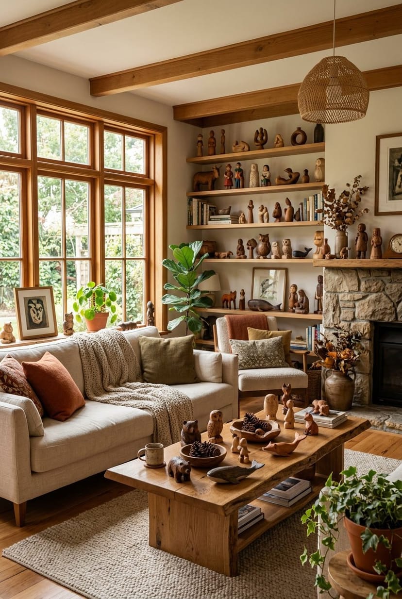 Gemütliches Wohnzimmer mit kleinen Holzfiguren und Holzskulpturen als Dekoration auf Regalen und Tischen.