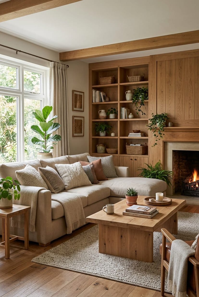 Gemütliches Wohnzimmer mit Holzmöbeln, Pflanzen und natürlichem Licht.