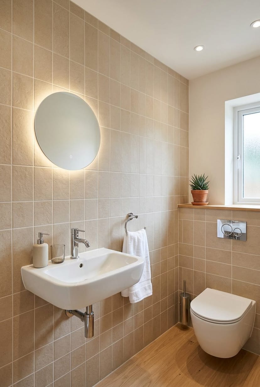 Kleines Gäste-WC mit beigen Wandfliesen und Waschbecken.