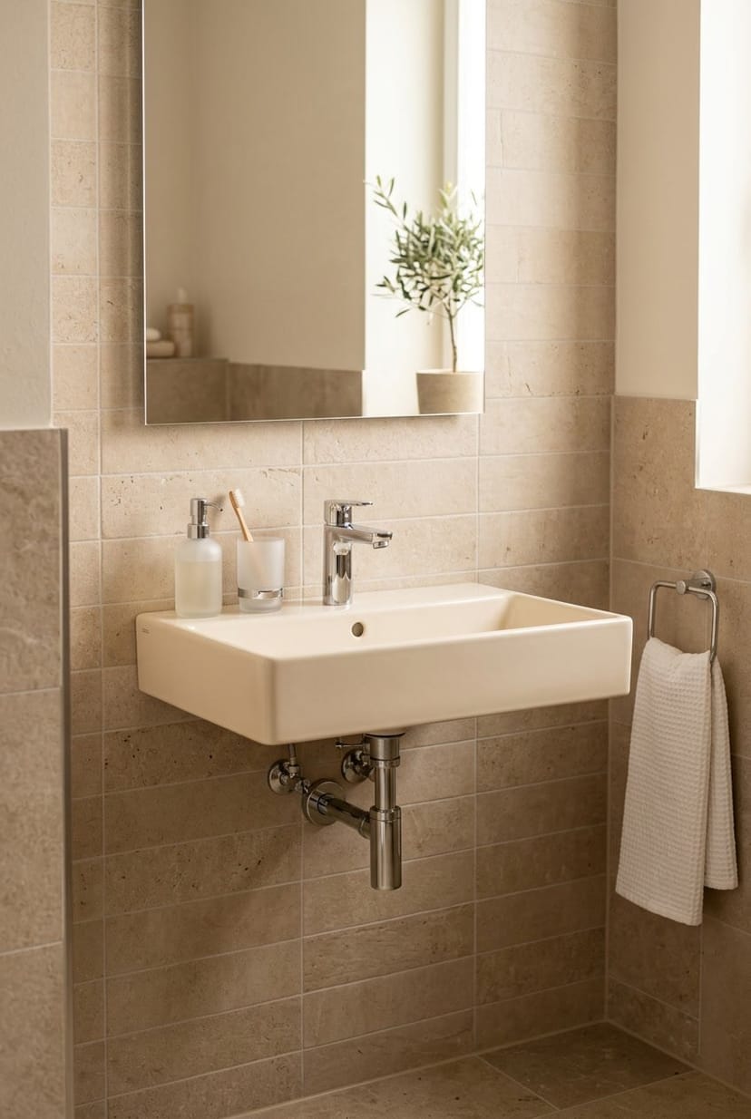 Gäste-WC mit cremefarbenem Wandwaschbecken und beigen Fliesen an den Wänden.