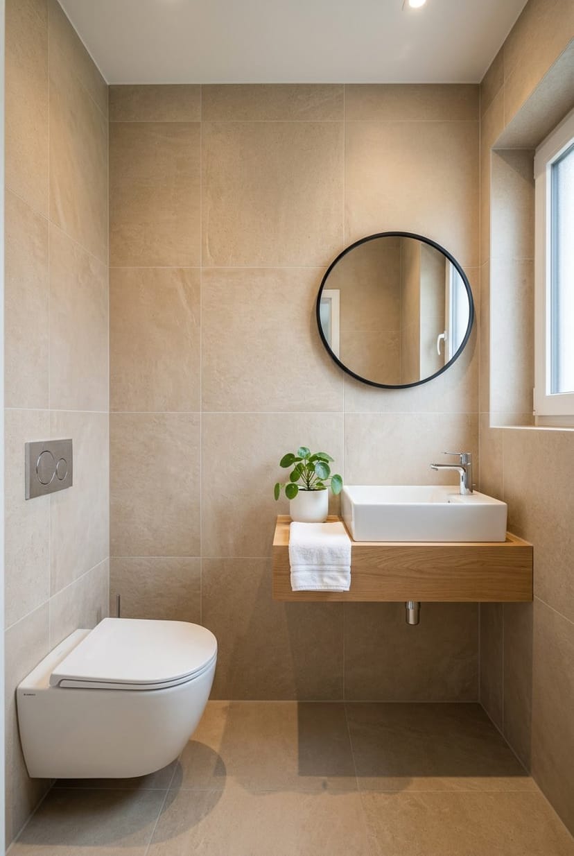 Kleines Gäste-WC mit großen beigen Fliesen, weißem WC, Waschbecken und rundem Spiegel.