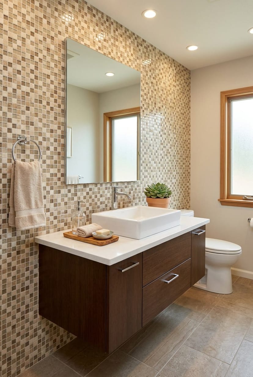 Gäste-WC mit einer Wand aus Mosaikfliesen in Beige- und Erdtönen, einem Waschbecken und einem Spiegel.