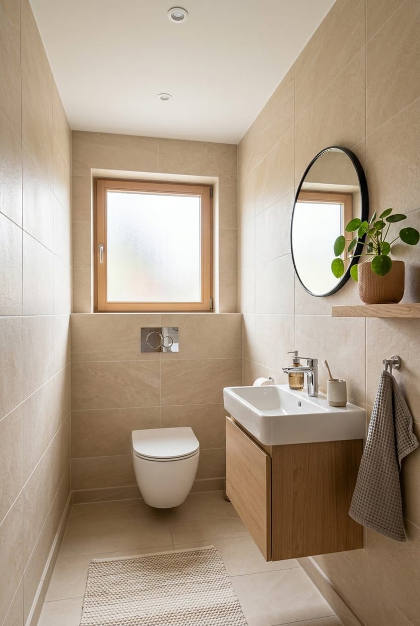 Kleines Gäste-WC mit beigen Fliesen an Wänden und Boden, weißer Toilette, Waschbecken und einem kleinen Pflanzenregal.