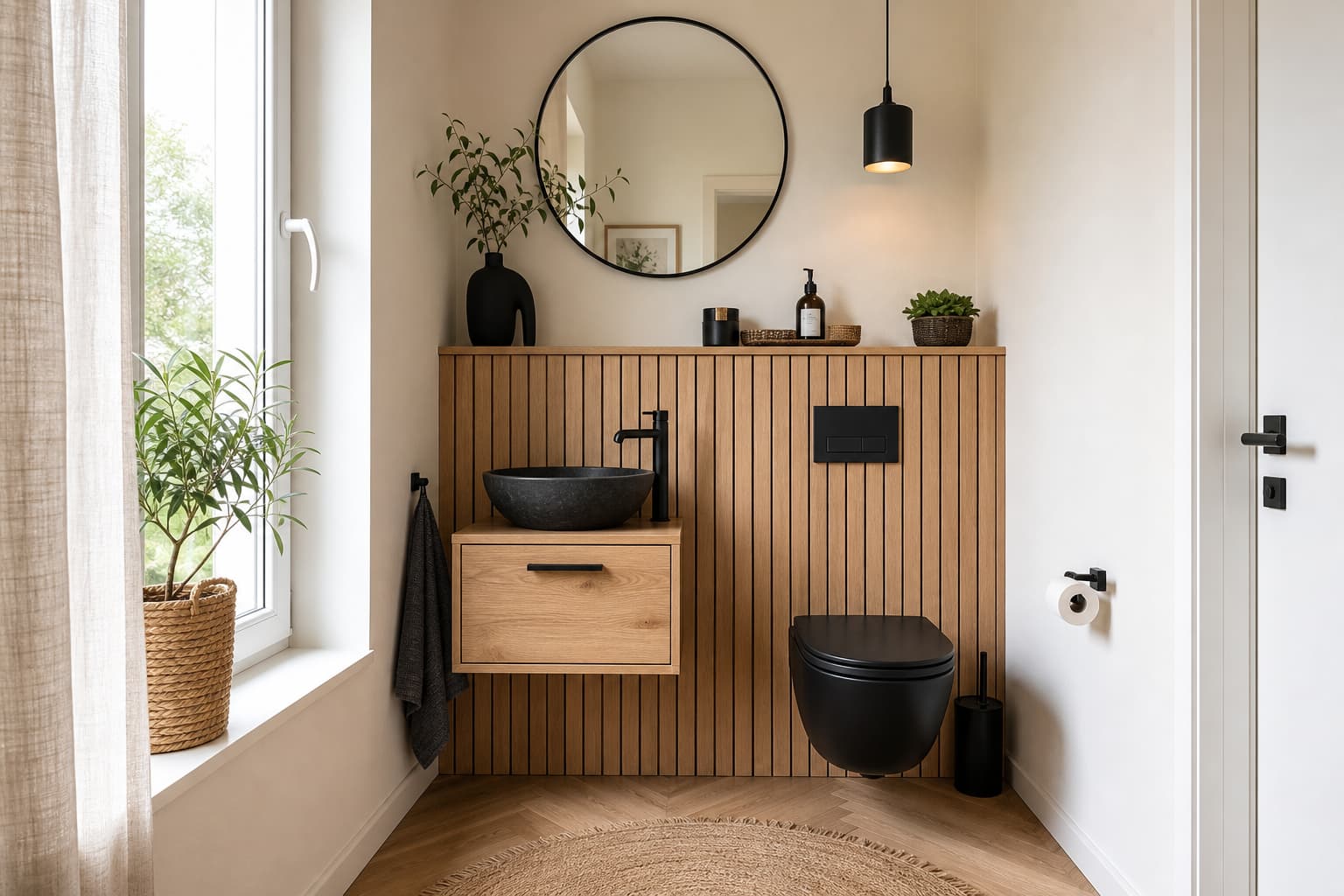 14 Gäste-WC-Ideen mit Holz und Schwarz für ein stimmiges Zuhause