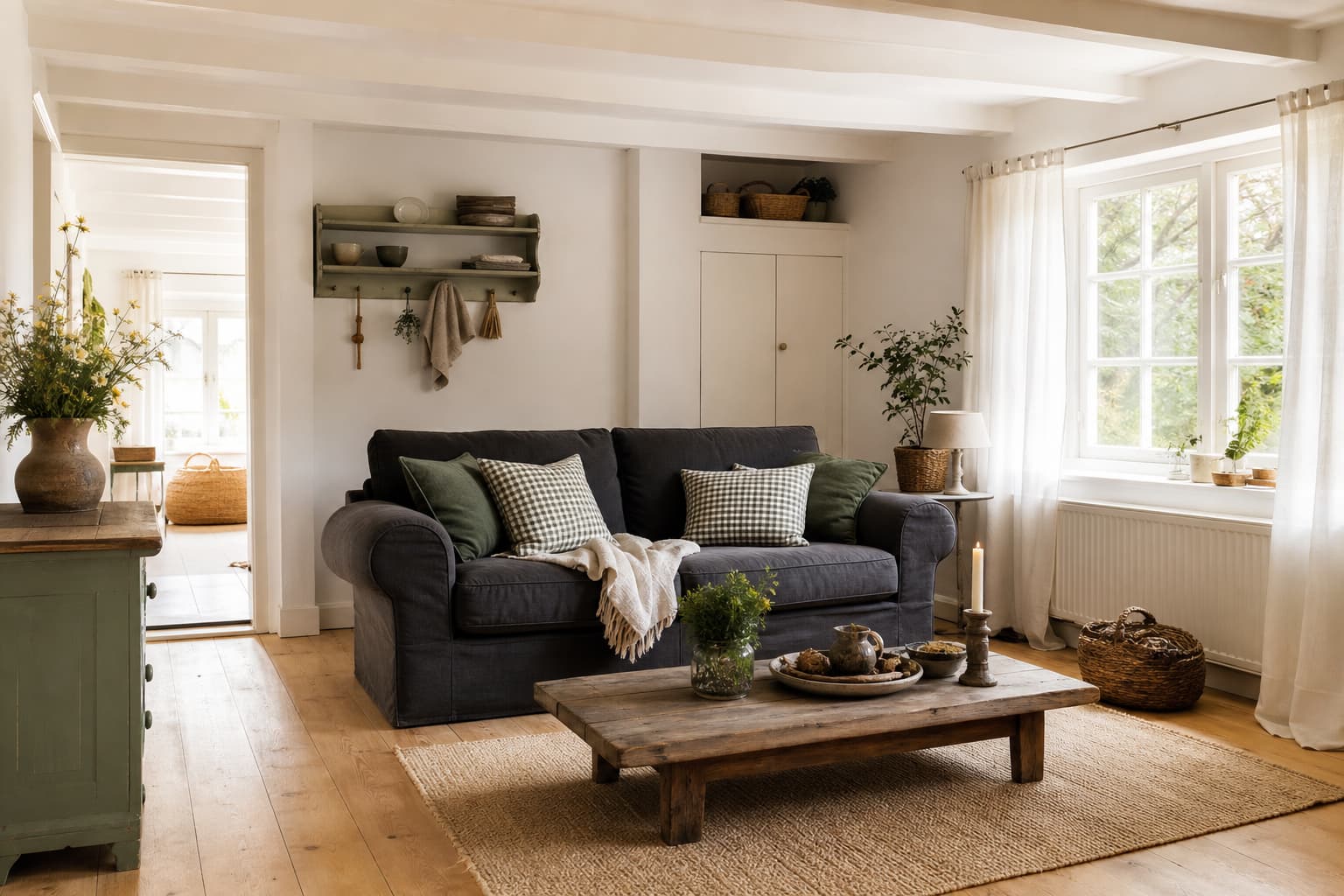 16 Ideen für ein Landhaus-Wohnzimmer mit dunklem Sofa, warmem Holz und heller Einrichtung