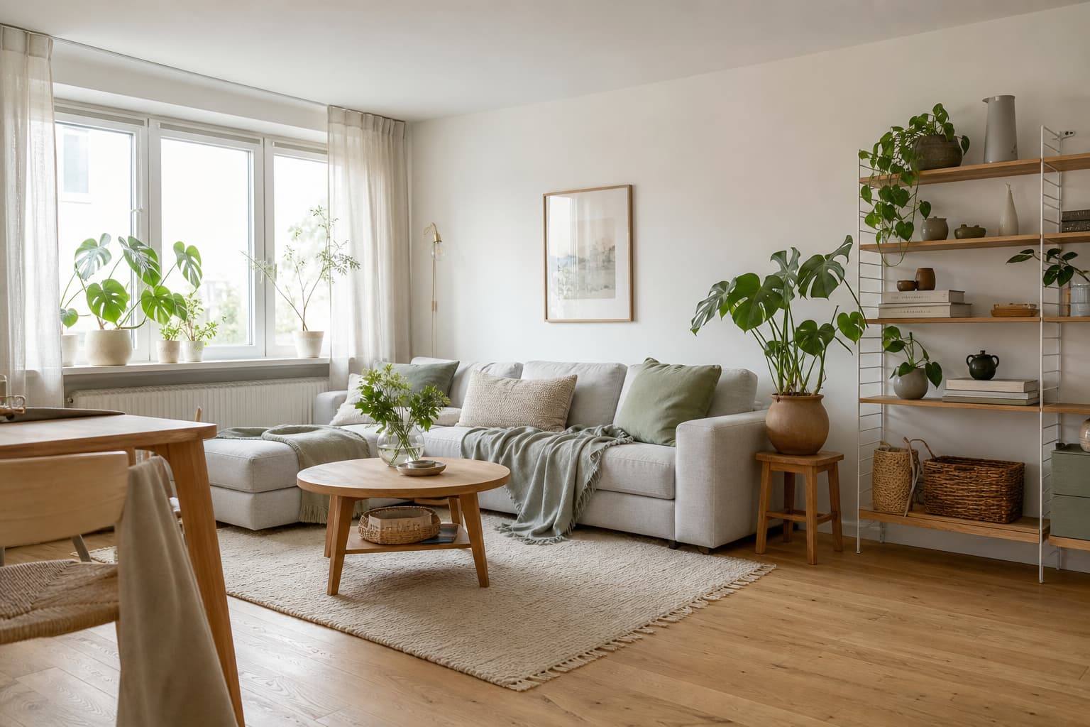 13 Ideen für ein skandinavisches Wohnzimmer mit Grün, hellem Holz und klaren Linien