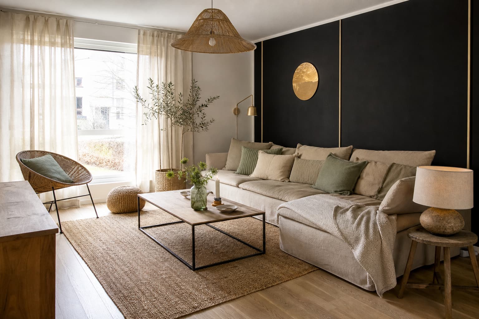 18 moderne Wohnzimmer-Ideen in Beige, Gold und Schwarz für Sofa, Licht und Akzente
